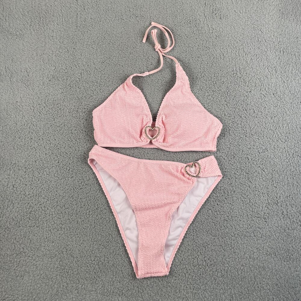 Women Large Pink Polyester Elastane Heart Strap Bikini Set